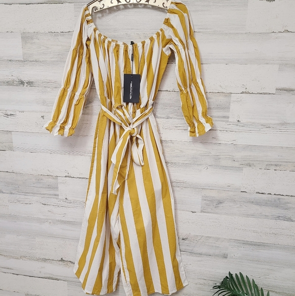 PrettyLittleThing Mustard Striped Bardot Jumpsuit - Picture 7 of 13